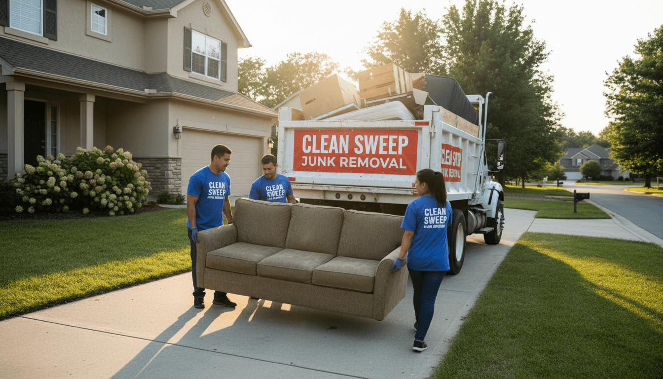 Junk removal worker carrying a couch out of a home