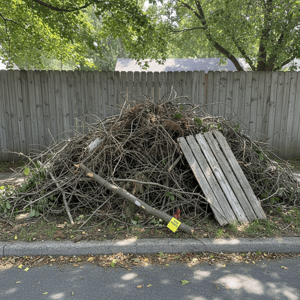 Stack of scrap lumber and branches piled for pickup