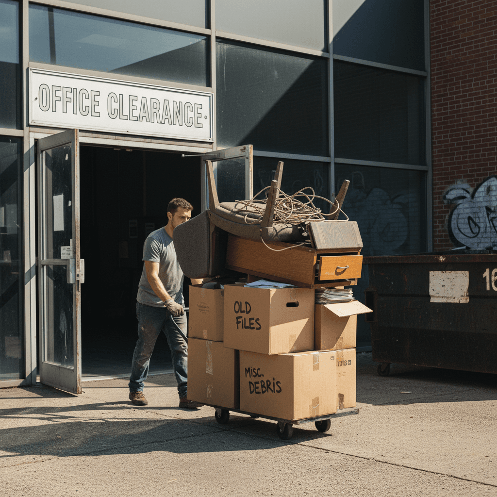 Worker carrying folding table out of a storefront