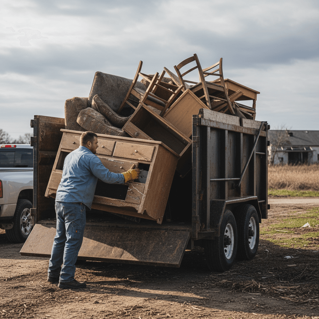 Worker loading old furniture into a large open dump trailer
