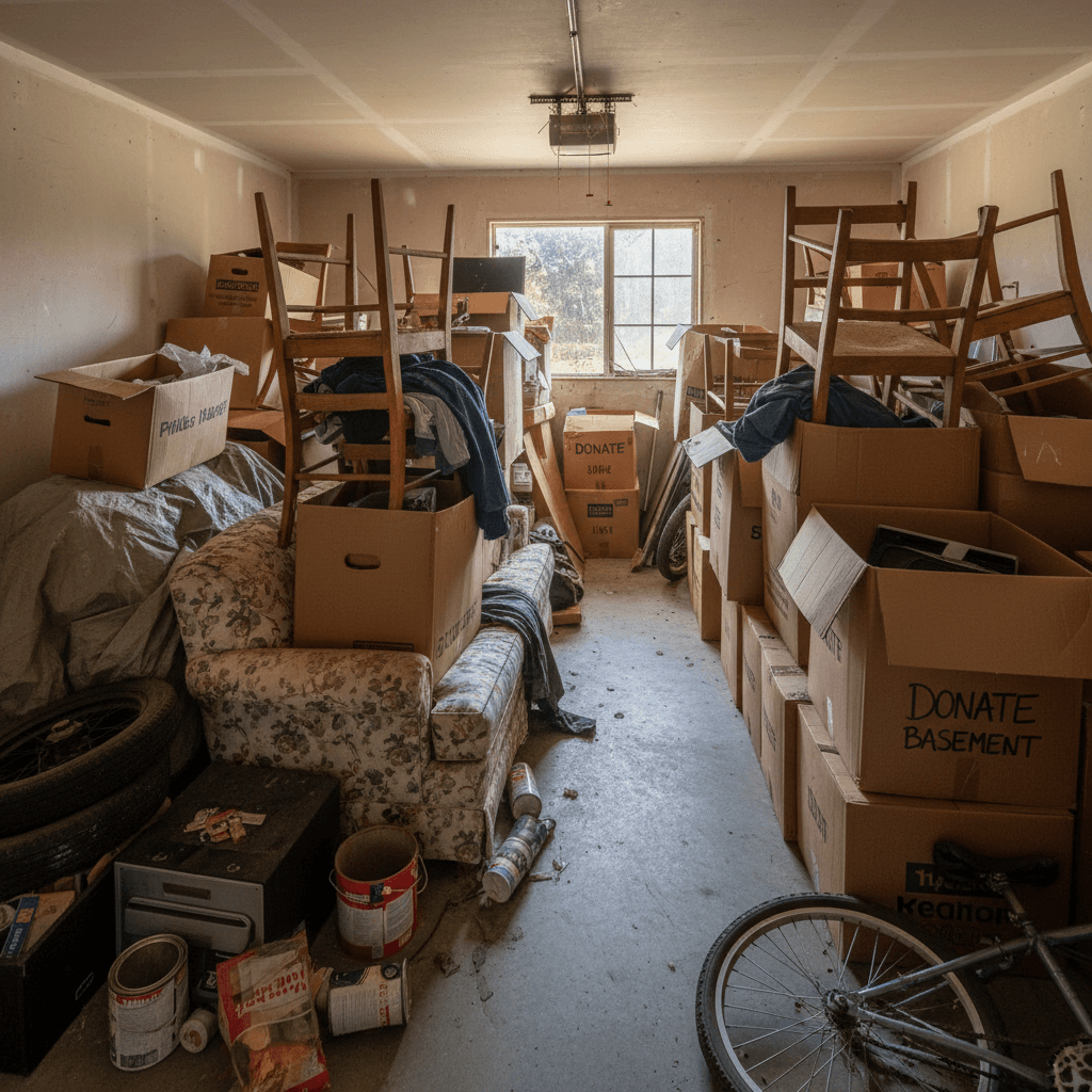 Cluttered garage with old furniture and stacked boxes