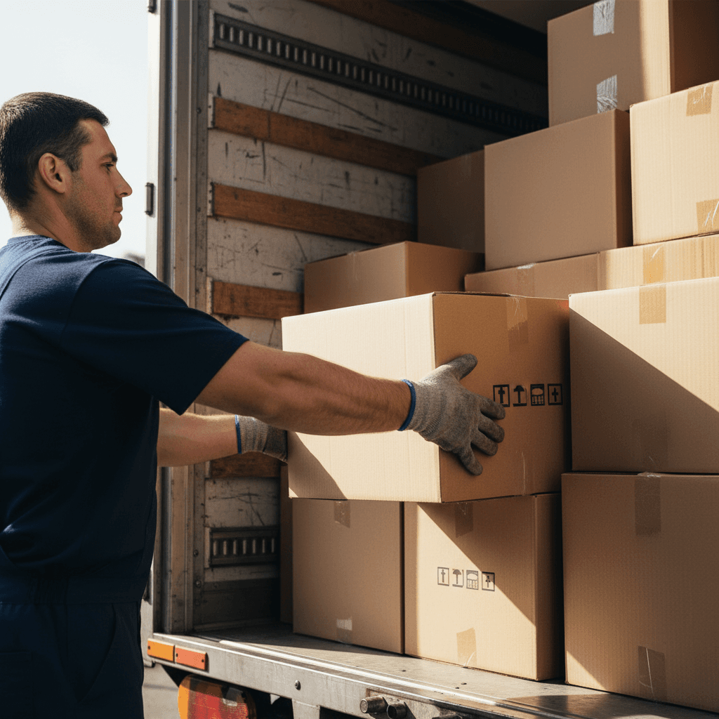 Worker loading large cardboard boxes into an open trailer truck