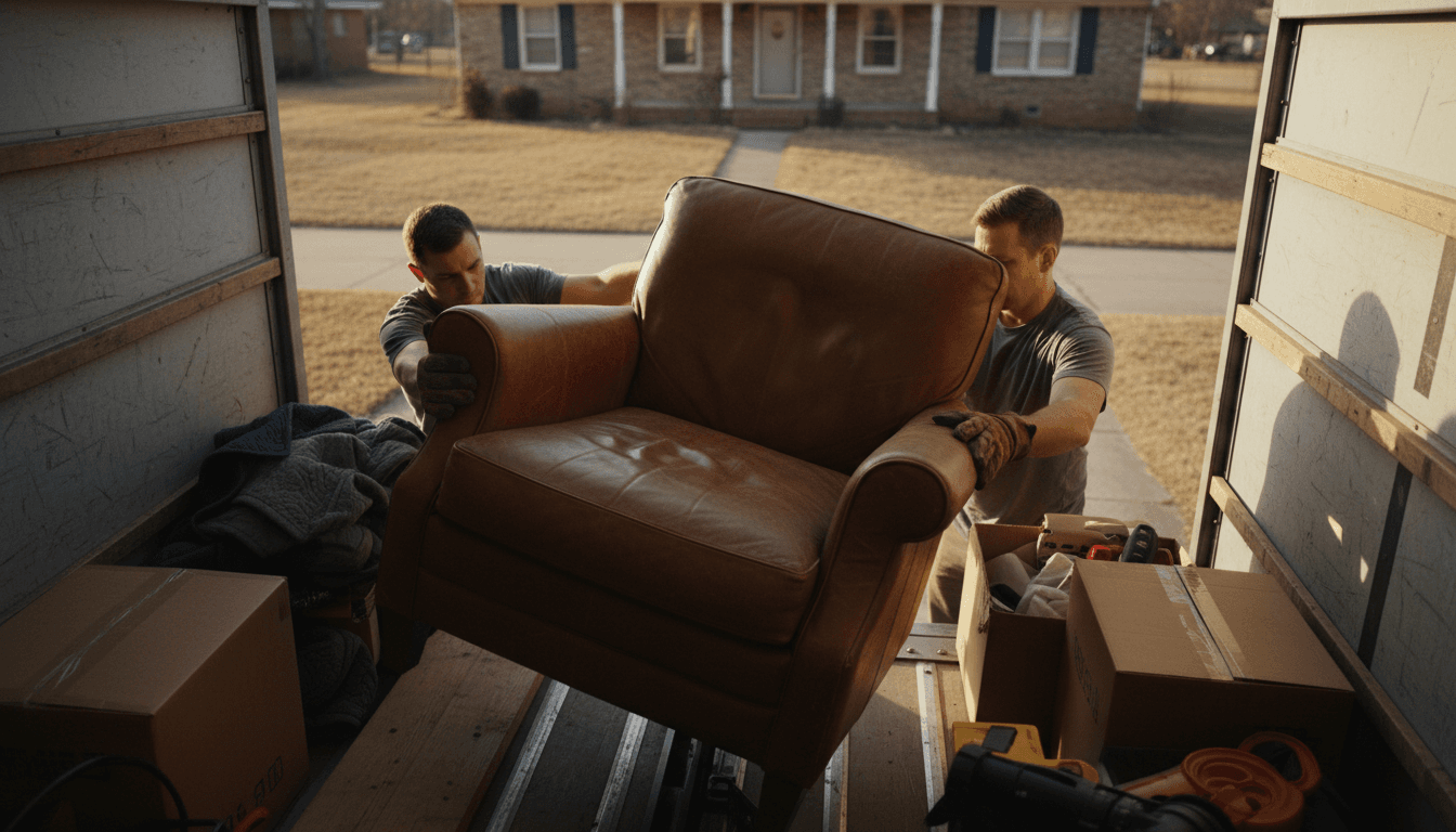 Worker loading old furniture into a dump trailer