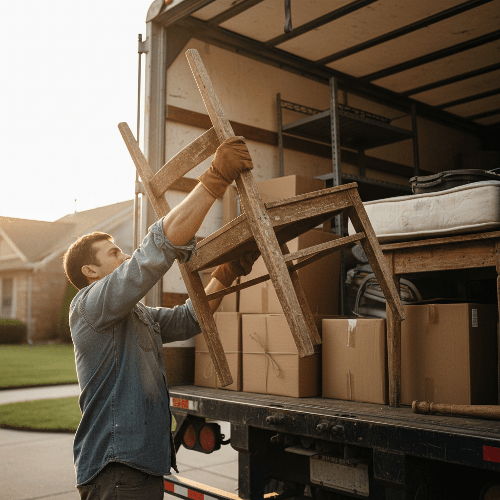 Worker loading large cardboard boxes into a dump trailer