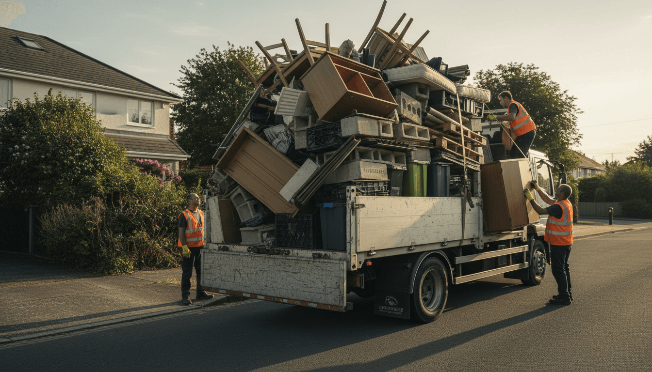 Pile of construction debris and junk in a driveway