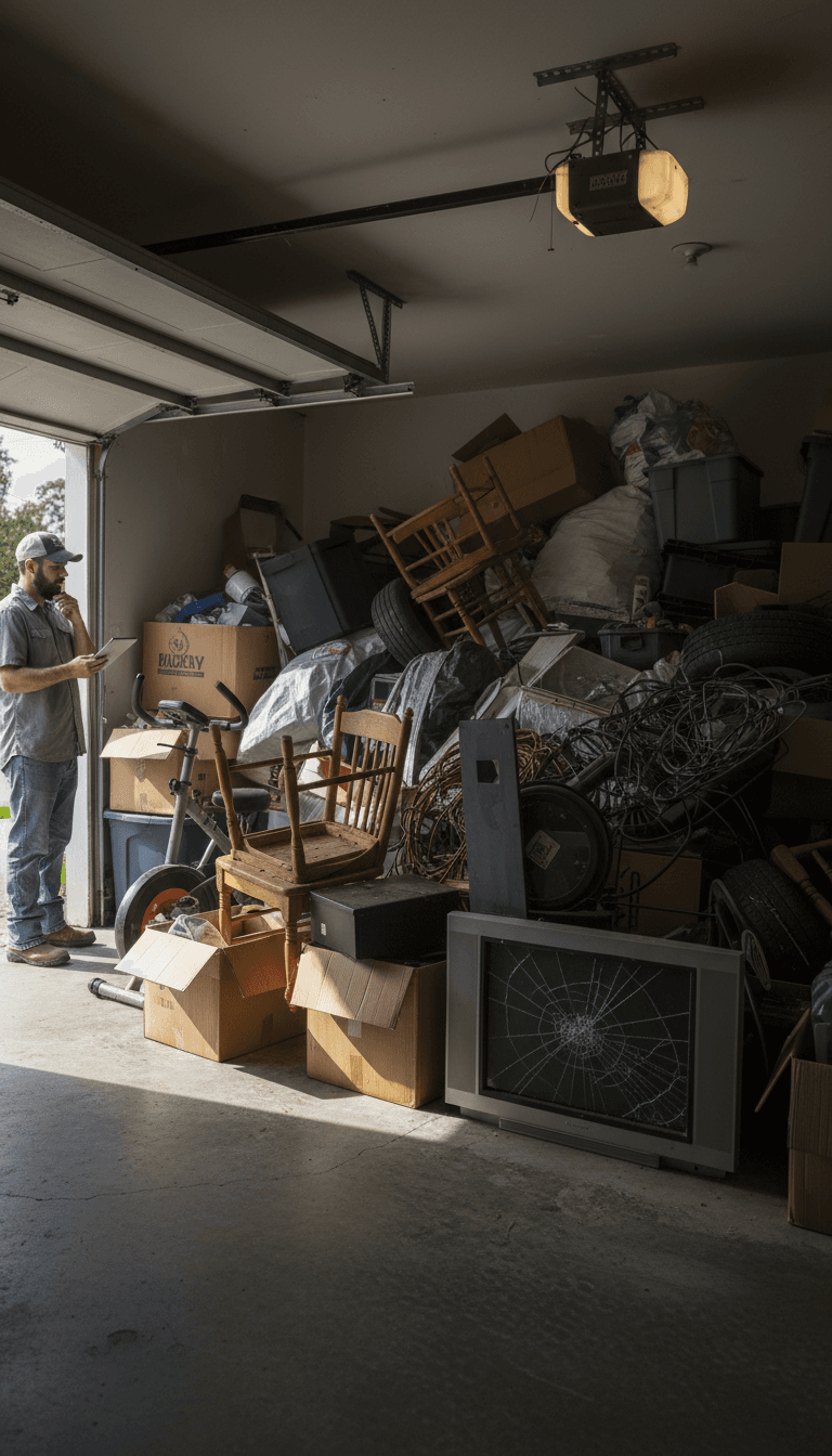 Garage packed with old furniture and boxes before a haul
