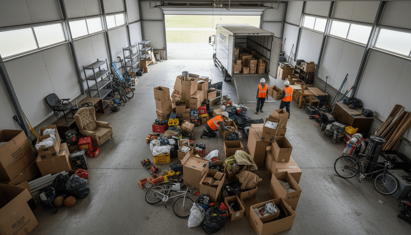 Empty clean garage after a junk removal job with a hauler's empty trailer outside