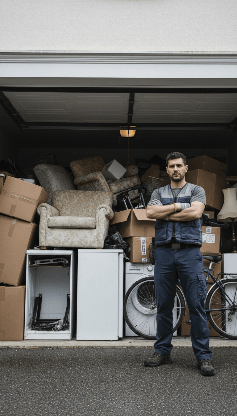 Pile of old furniture and household junk piled up in a garage before a cleanup