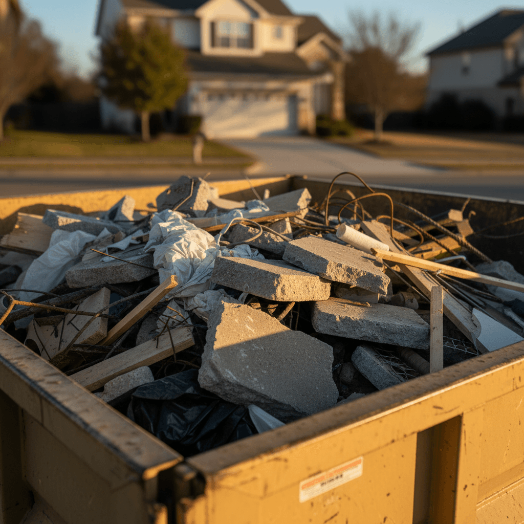 Pile of construction debris including drywall and scraps of lumber in a residential driveway